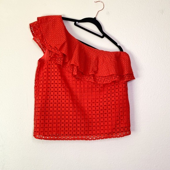 J. Crew One Shoulder Ruffle Eyelet Top 4 Blouse Red - Picture 1 of 6